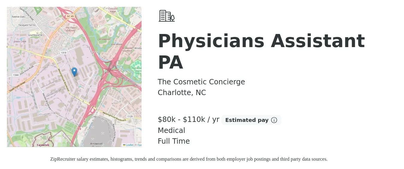 The Cosmetic Concierge job posting for a Physicians Assistant PA in Charlotte, NC with a salary of $80,000 to $110,000 Yearly and benefits including medical, pto, and retirement with a map of Charlotte location.