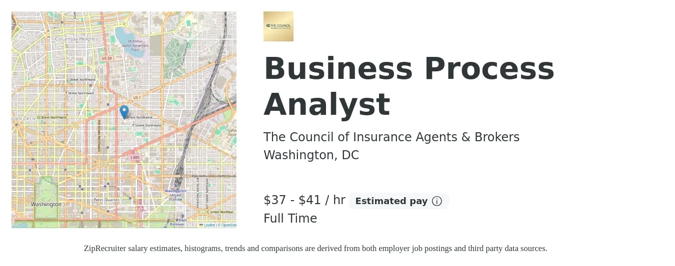 The Council of Insurance Agents & Brokers job posting for a Business Process Analyst in Washington, DC with a salary of $39 to $43 Hourly with a map of Washington location.