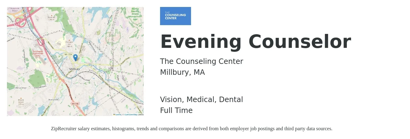 The Counseling Center job posting for a Evening Counselor in Millbury, MA with a salary of $44,900 to $69,200 Yearly and benefits including dental, life_insurance, medical, retirement, and vision with a map of Millbury location.