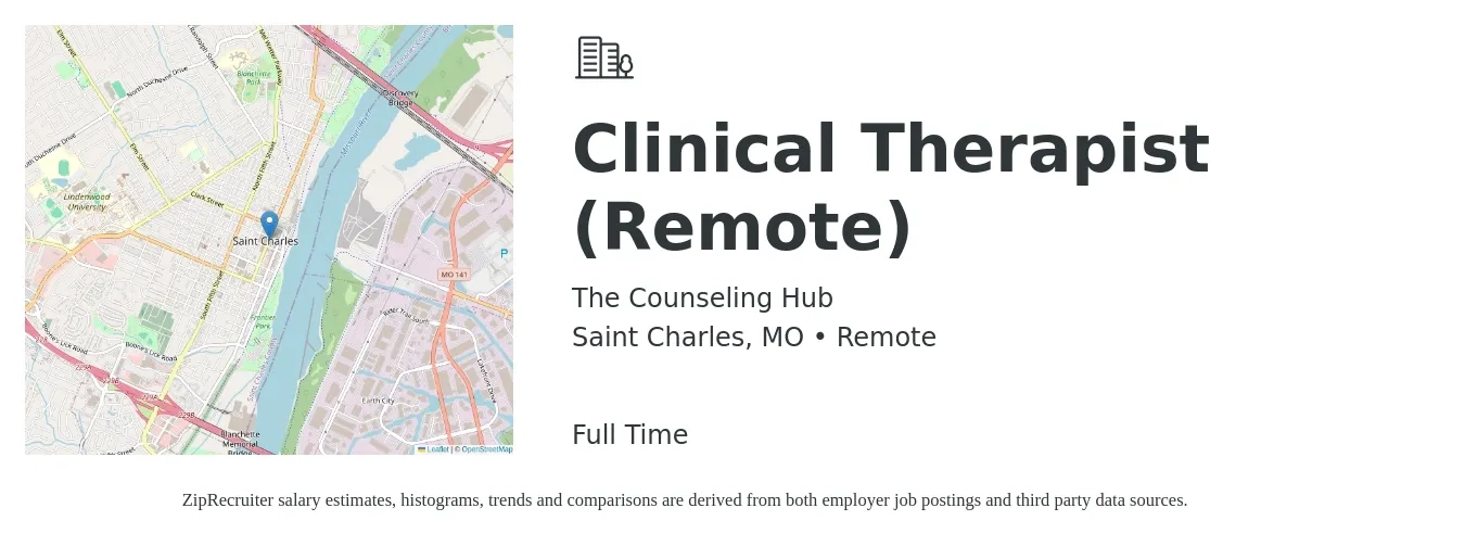 The Counseling Hub job posting for a Clinical Therapist (Remote) in Saint Charles, MO with a salary of $55,000 to $75,000 Yearly with a map of Saint Charles location.