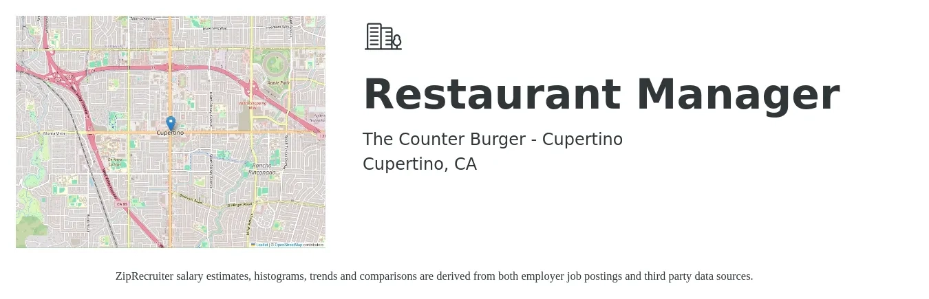 The Counter Burger - Cupertino job posting for a Restaurant Manager in Cupertino, CA with a salary of $55,500 to $78,300 Yearly with a map of Cupertino location.