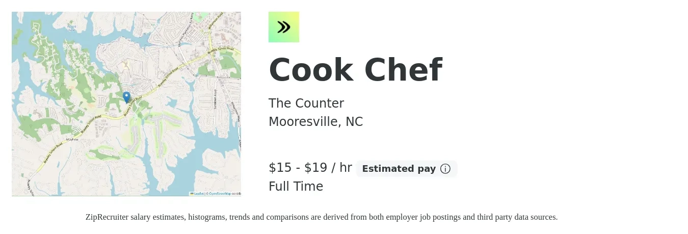 The Counter job posting for a Cook Chef in Mooresville, NC with a salary of $16 to $20 Hourly with a map of Mooresville location.