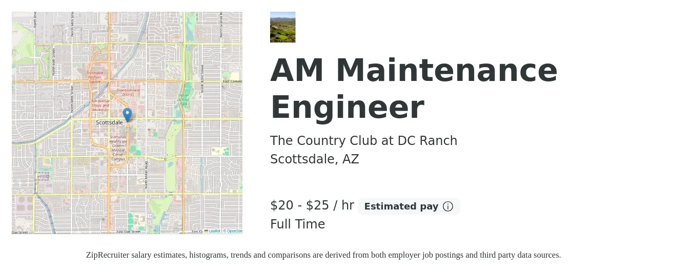The Country Club at DC Ranch job posting for a AM Maintenance Engineer in Scottsdale, AZ with a salary of $22 to $26 Hourly with a map of Scottsdale location.