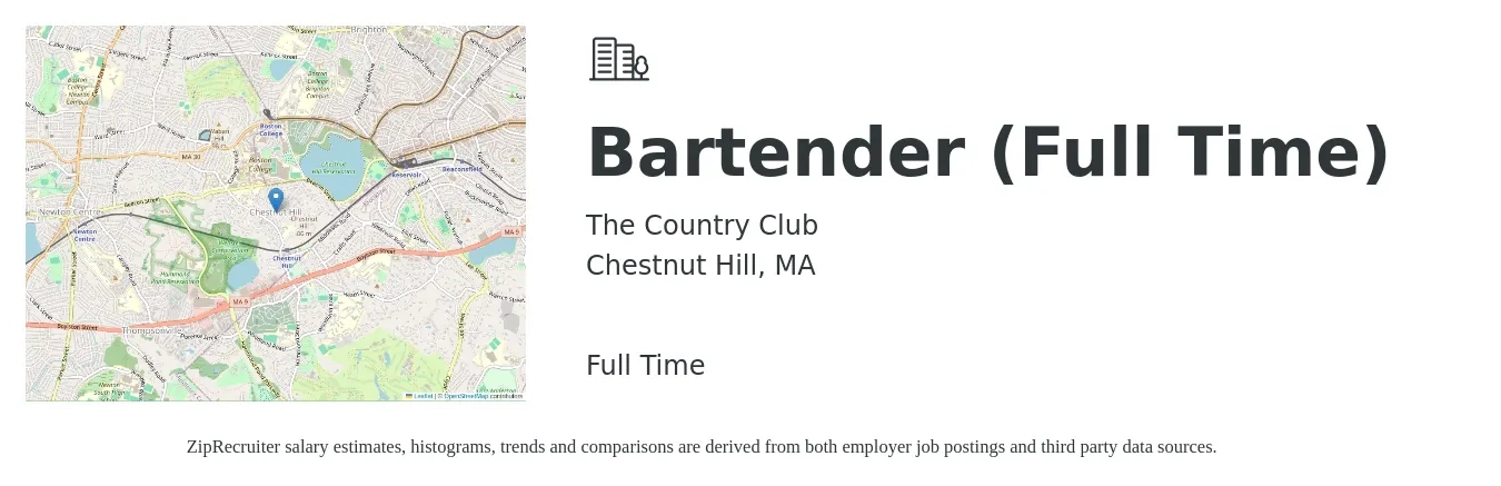 The Country Club job posting for a Bartender (Full Time) in Chestnut Hill, MA with a salary of $11 to $20 Hourly with a map of Chestnut Hill location.