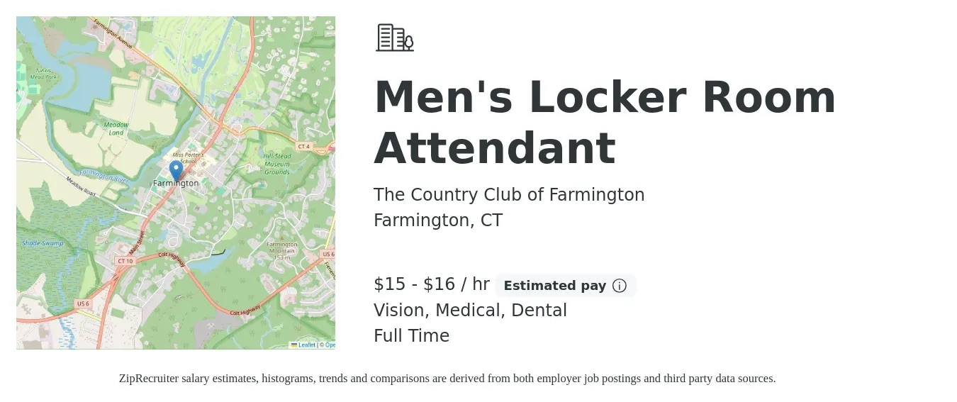 The Country Club of Farmington job posting for a Men's Locker Room Attendant in Farmington, CT with a salary of $16 to $17 Hourly and benefits including retirement, vision, dental, and medical with a map of Farmington location.