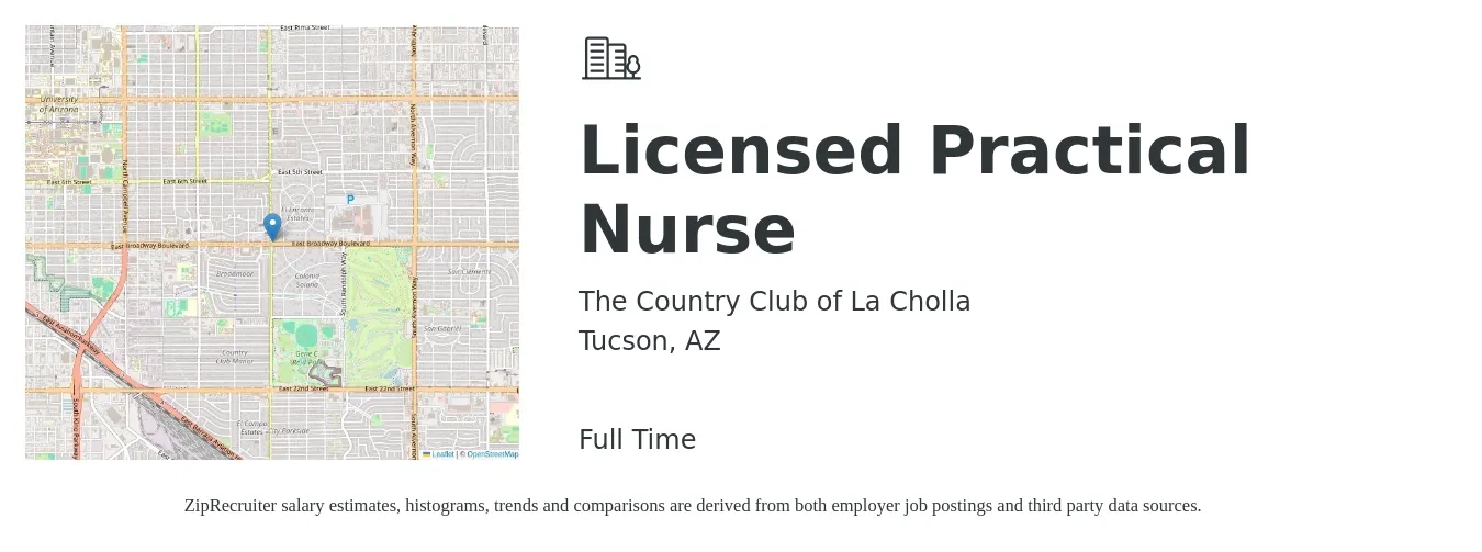 The Country Club of La Cholla job posting for a Licensed Practical Nurse in Tucson, AZ with a salary of $22 to $30 Hourly with a map of Tucson location.
