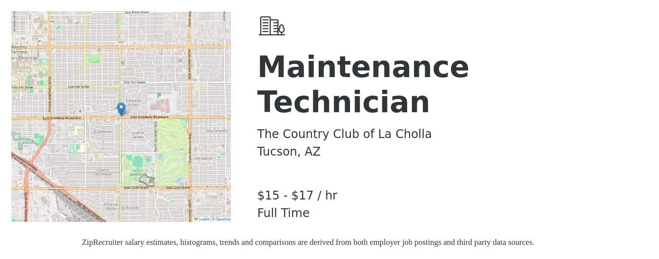 The Country Club of La Cholla job posting for a Maintenance Technician in Tucson, AZ with a salary of $16 to $18 Hourly with a map of Tucson location.