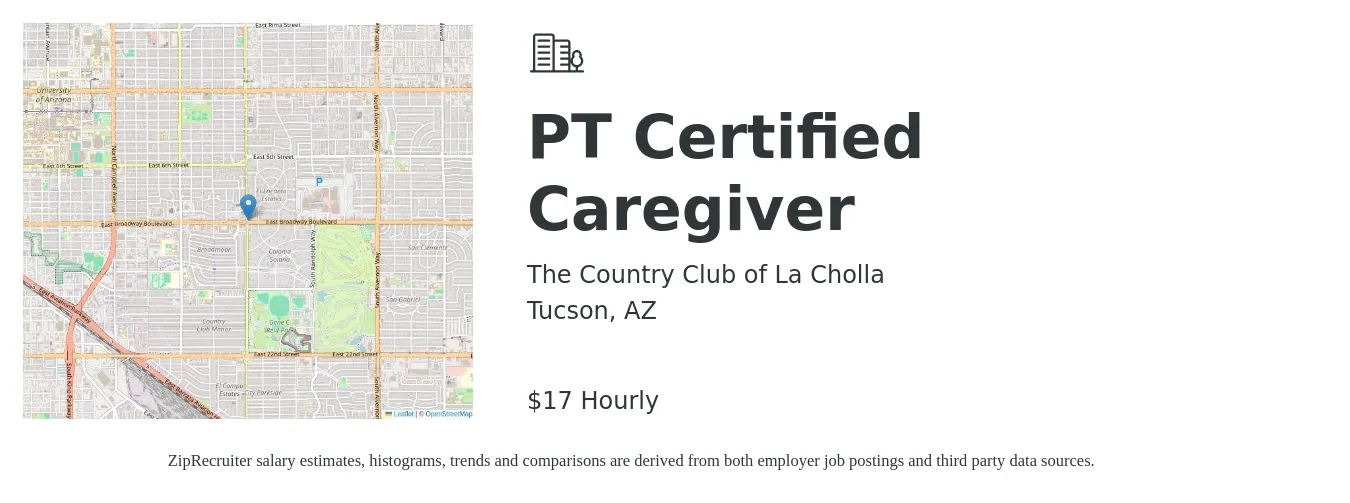 The Country Club of La Cholla job posting for a PT Certified Caregiver in Tucson, AZ with a salary of $18 Hourly with a map of Tucson location.