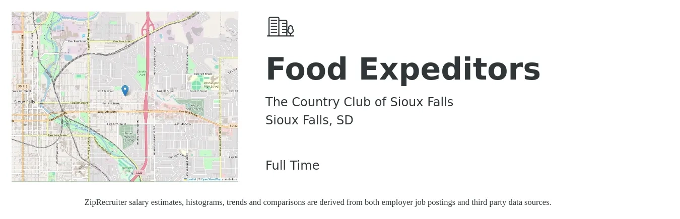 The Country Club of Sioux Falls job posting for a Food Expeditors in Sioux Falls, SD with a salary of $14 to $18 Hourly with a map of Sioux Falls location.