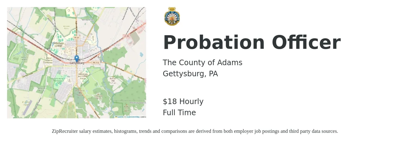 The County of Adams job posting for a Probation Officer in Gettysburg, PA with a salary of $19 Hourly with a map of Gettysburg location.
