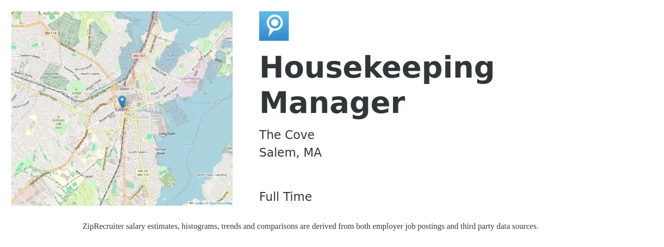 The Cove job posting for a Housekeeping Manager in Salem, MA with a salary of $18 to $26 Hourly with a map of Salem location.