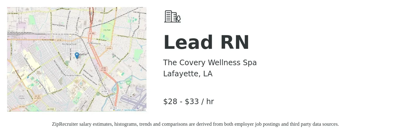 The Covery Wellness Spa job posting for a Lead RN in Lafayette, LA with a salary of $30 to $35 Hourly (plus commission) and benefits including pto with a map of Lafayette location.