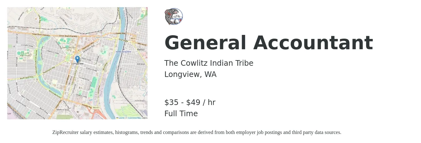 The Cowlitz Indian Tribe job posting for a General Accountant in Longview, WA with a salary of $37 to $52 Hourly with a map of Longview location.