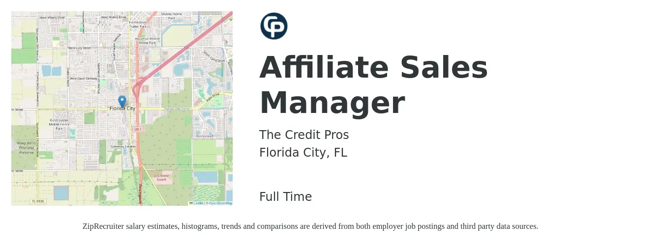 The Credit Pros job posting for a Affiliate Sales Manager in Florida City, FL with a salary of $52,000 to $72,200 Yearly with a map of Florida City location.