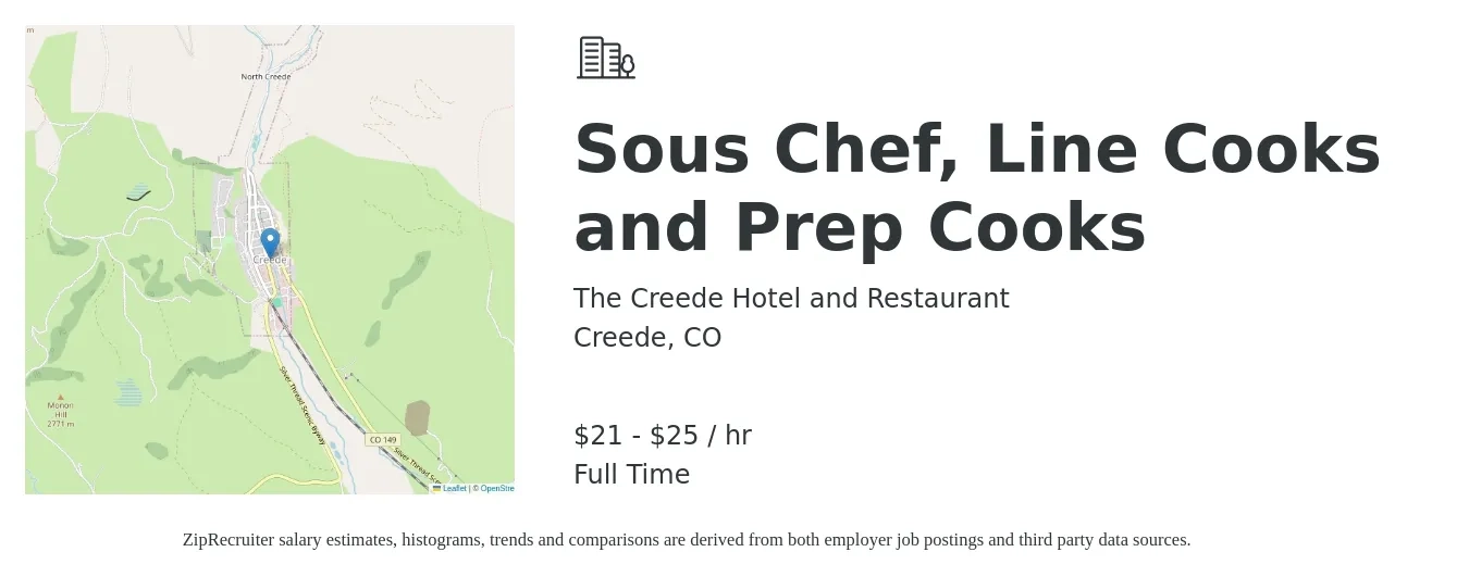 The Creede Hotel and Restaurant job posting for a Sous Chef, Line Cooks and Prep Cooks in Creede, CO with a salary of $22 to $26 Hourly with a map of Creede location.