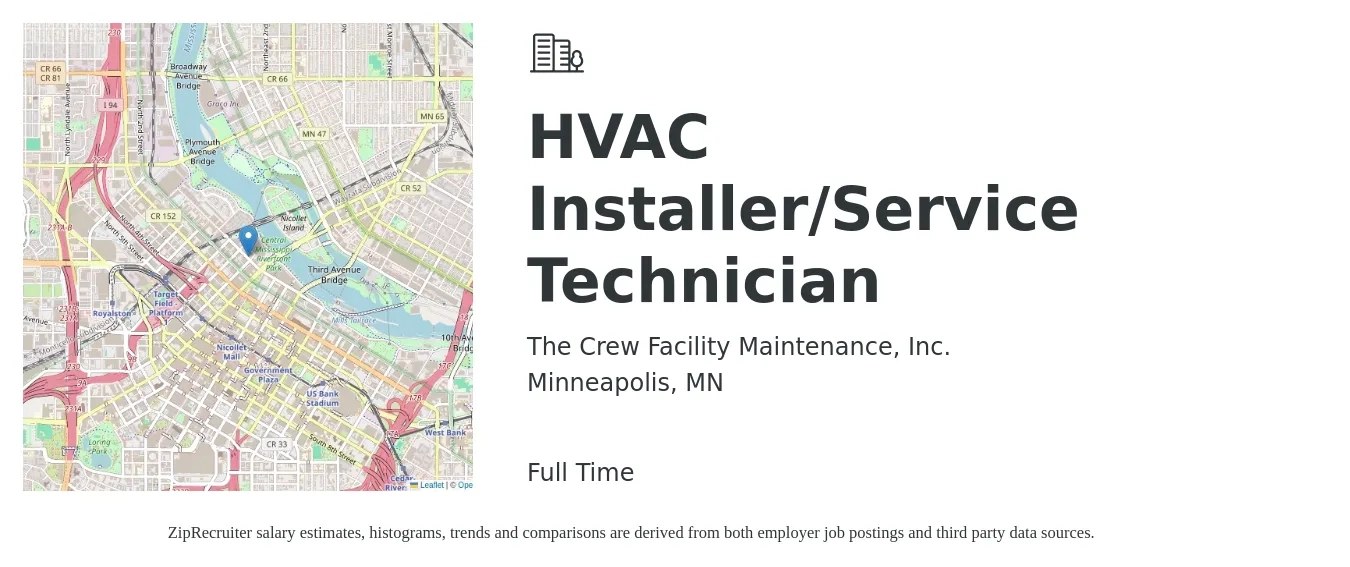 The Crew Facility Maintenance, Inc. job posting for a HVAC Installer/Service Technician in Minneapolis, MN with a salary of $28 to $40 Hourly with a map of Minneapolis location.