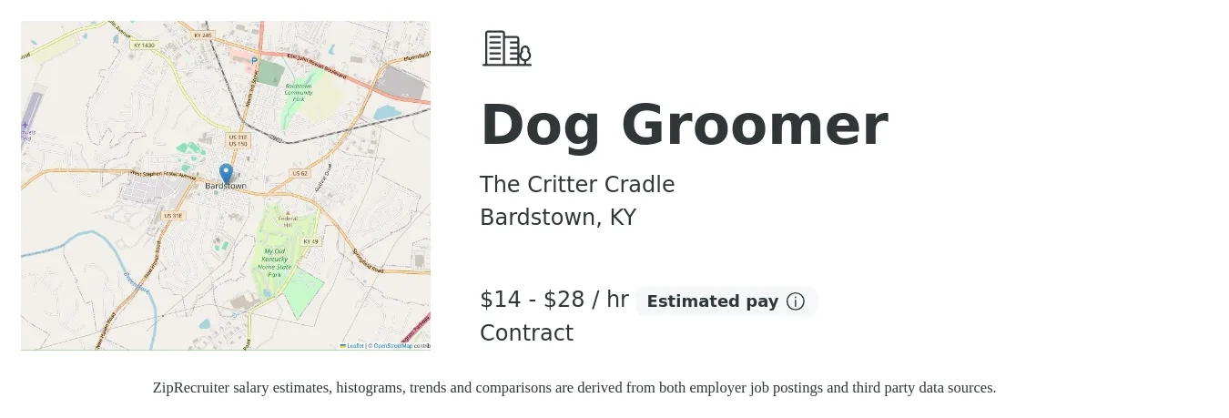 The Critter Cradle job posting for a Dog Groomer in Bardstown, KY with a salary of $15 to $30 Hourly with a map of Bardstown location.