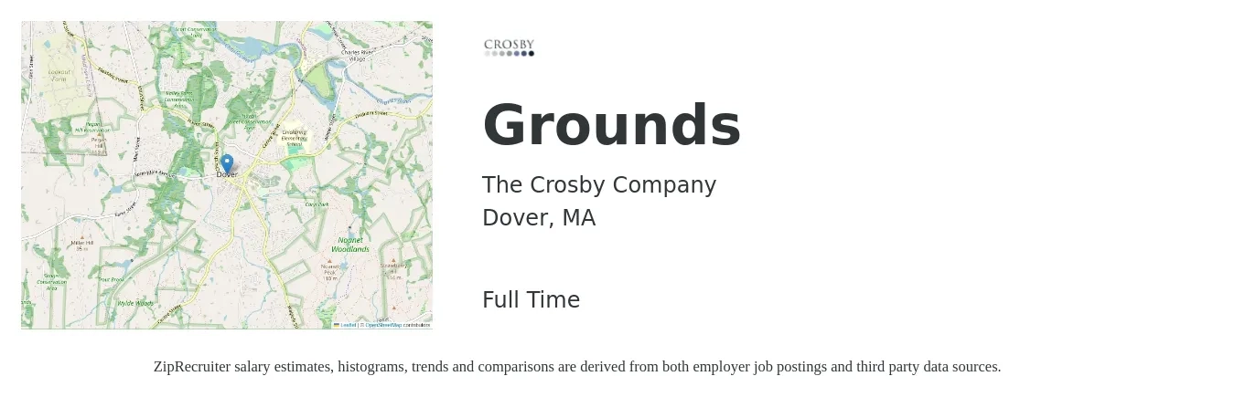 The Crosby Company job posting for a Grounds in Dover, MA with a salary of $17 to $21 Hourly with a map of Dover location.