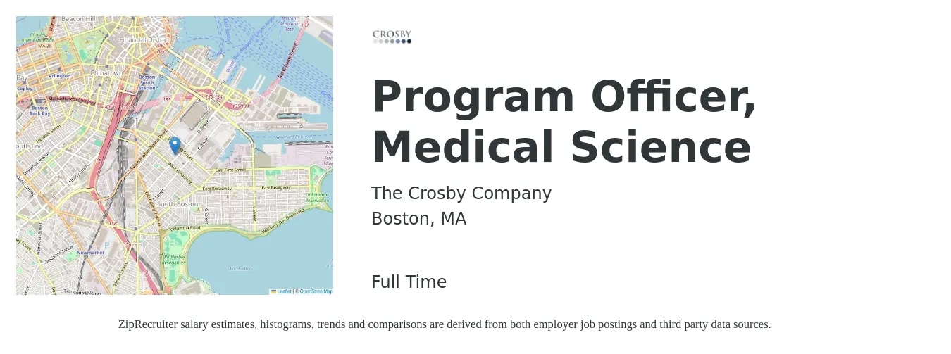The Crosby Company job posting for a Program Officer, Medical Science in Boston, MA with a salary of $77,400 to $143,000 Yearly with a map of Boston location.