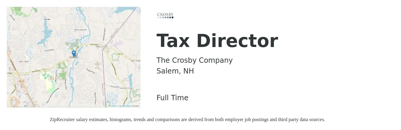 The Crosby Company job posting for a Tax Director in Salem, NH with a salary of $157,300 to $221,200 Yearly with a map of Salem location.