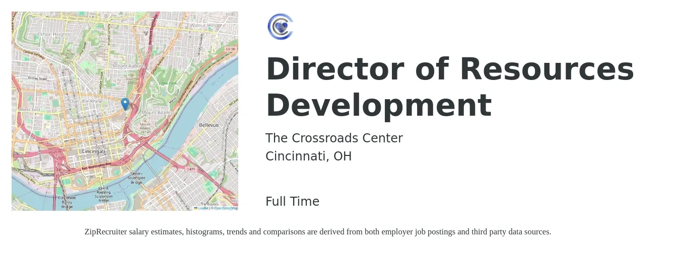 The Crossroads Center job posting for a Director of Resources Development in Cincinnati, OH with a salary of $67,200 to $104,200 Yearly with a map of Cincinnati location.