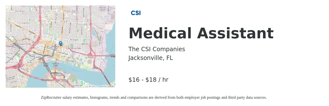 The CSI Companies job posting for a Medical Assistant in Jacksonville, FL with a salary of $17 to $19 Hourly with a map of Jacksonville location.