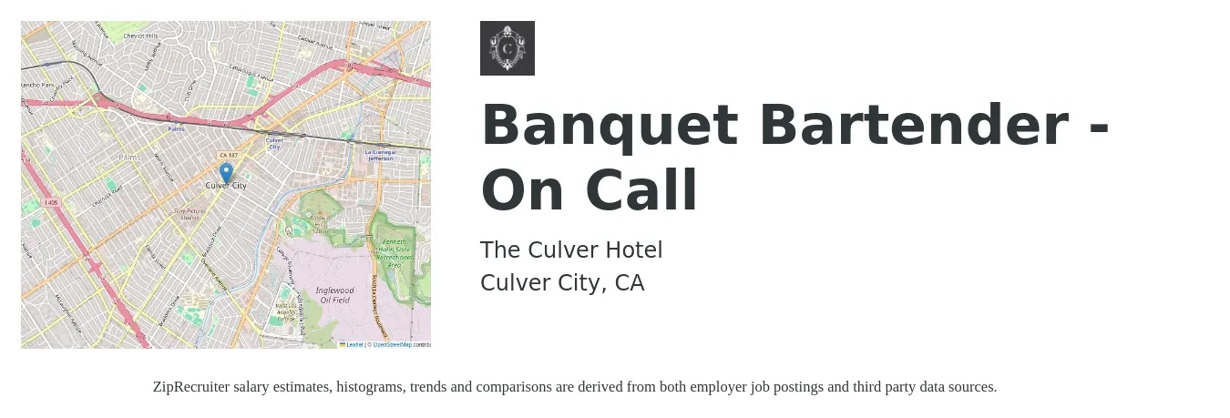 The Culver Hotel job posting for a Banquet Bartender - On Call in Culver City, CA with a salary of $16 Hourly with a map of Culver City location.