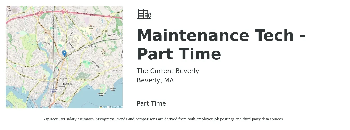 The Current Beverly job posting for a Maintenance Tech - Part Time in Beverly, MA with a salary of $21 to $30 Hourly with a map of Beverly location.