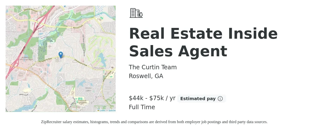 The Curtin Team job posting for a Real Estate Inside Sales Agent in Roswell, GA with a salary of $44,000 to $75,000 Yearly with a map of Roswell location.