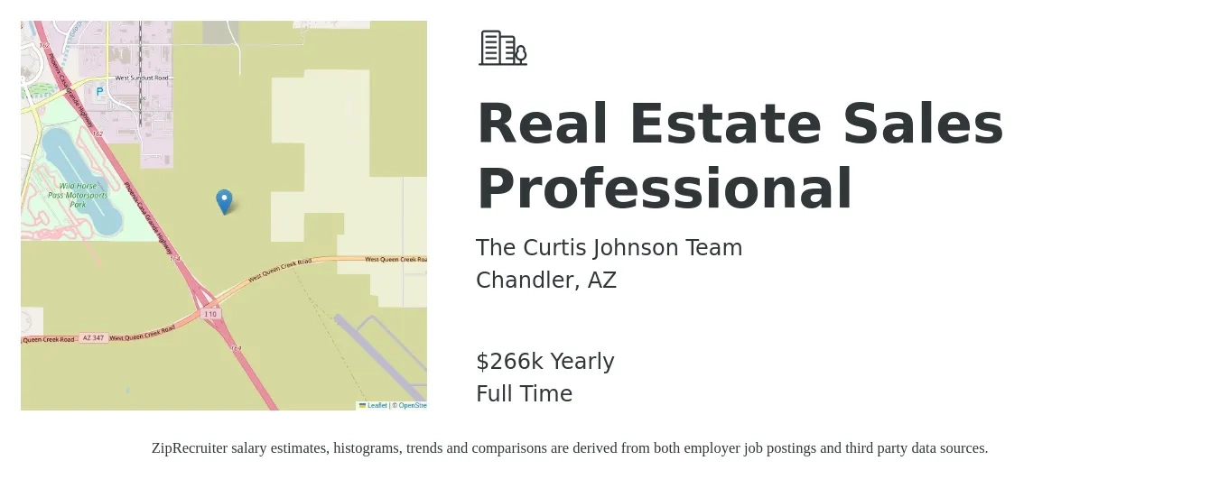 The Curtis Johnson Team job posting for a Real Estate Sales Professional in Chandler, AZ with a salary of $76,000 Yearly with a map of Chandler location.