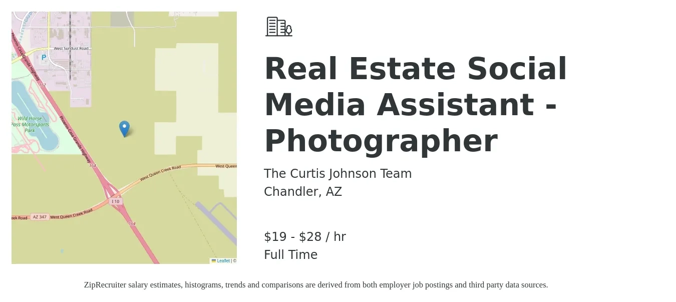 The Curtis Johnson Team job posting for a Real Estate Social Media Assistant - Photographer in Chandler, AZ with a salary of $20 to $30 Hourly with a map of Chandler location.