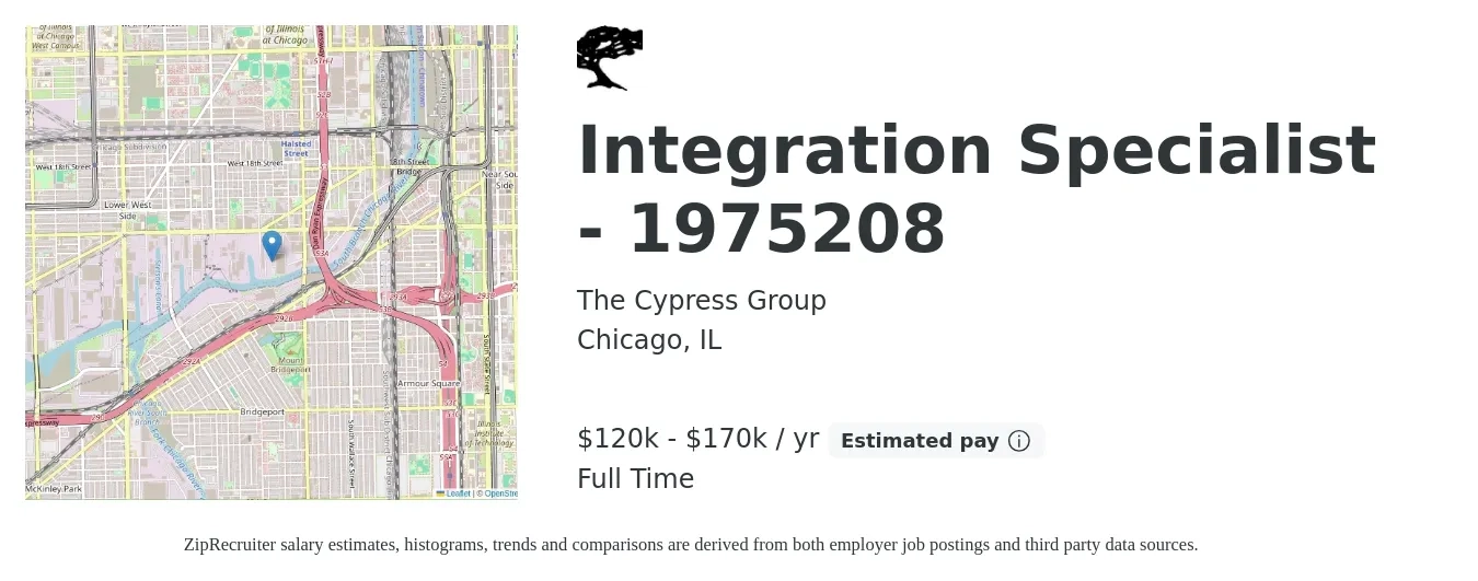 The Cypress Group job posting for a Integration Specialist - 1975208 in Chicago, IL with a salary of $120,000 to $170,000 Yearly with a map of Chicago location.