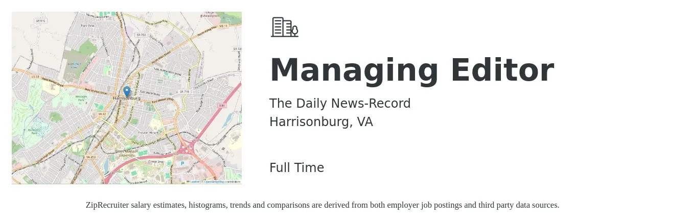 The Daily News-Record job posting for a Managing Editor in Harrisonburg, VA with a salary of $46,100 to $87,600 Yearly with a map of Harrisonburg location.