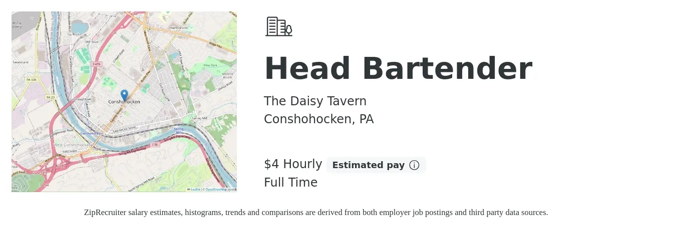 The Daisy Tavern job posting for a Head Bartender in Conshohocken, PA with a salary of $4 Hourly with a map of Conshohocken location.