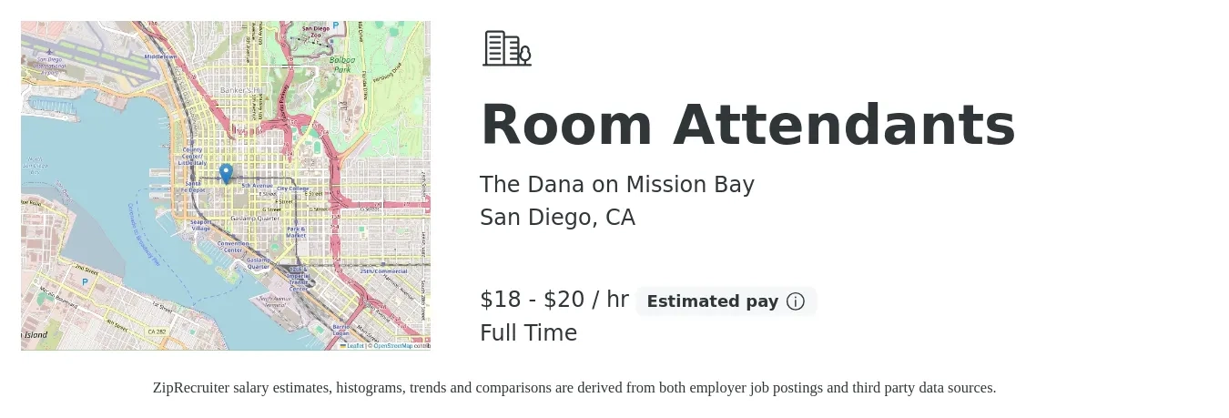 The Dana on Mission Bay job posting for a Room Attendants in San Diego, CA with a salary of $19 to $21 Hourly with a map of San Diego location.