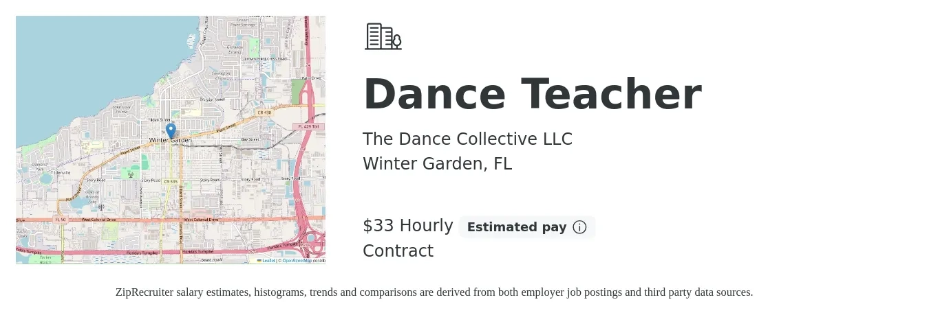 The Dance Collective LLC job posting for a Dance Teacher in Winter Garden, FL with a salary of $35 Hourly with a map of Winter Garden location.
