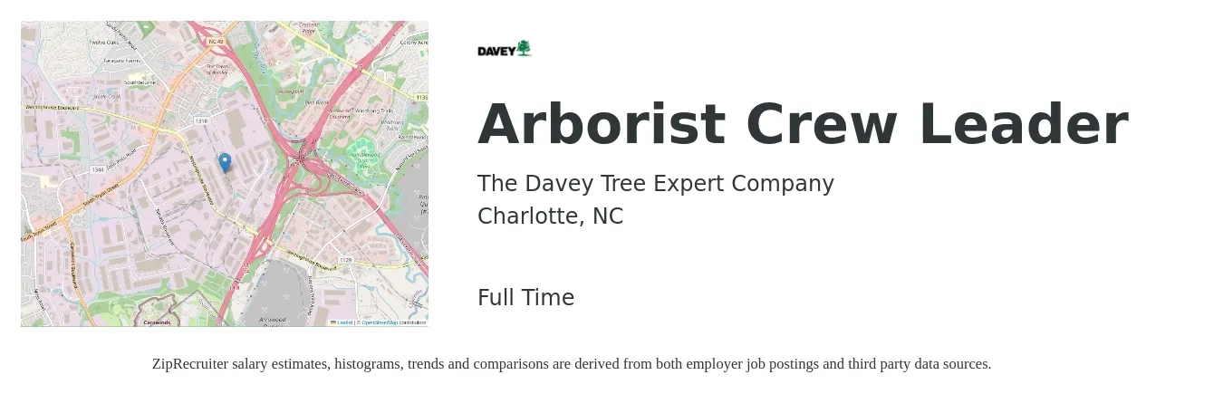 The Davey Tree Expert Company job posting for a Arborist Crew Leader in Charlotte, NC with a salary of $21 to $32 Hourly with a map of Charlotte location.