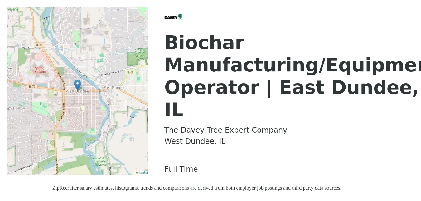 The Davey Tree Expert Company job posting for a Biochar Manufacturing/Equipment Operator | East Dundee, IL in West Dundee, IL with a salary of $17 to $21 Hourly with a map of West Dundee location.