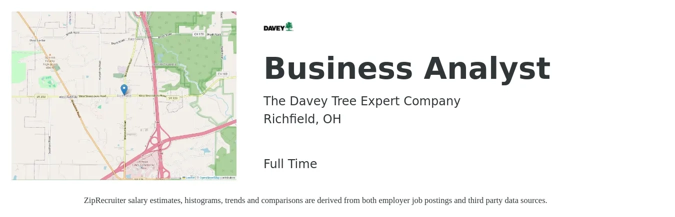 The Davey Tree Expert Company job posting for a Business Analyst in Richfield, OH with a salary of $34 to $58 Hourly with a map of Richfield location.