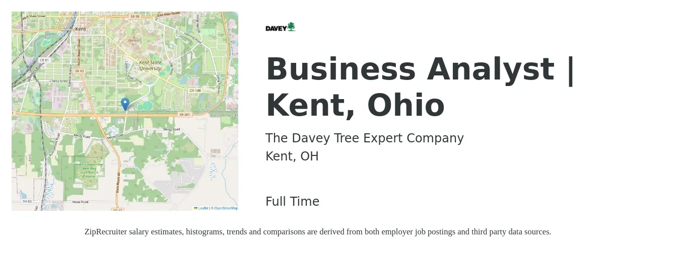 The Davey Tree Expert Company job posting for a Business Analyst | Kent, Ohio in Kent, OH with a salary of $30 to $47 Hourly with a map of Kent location.