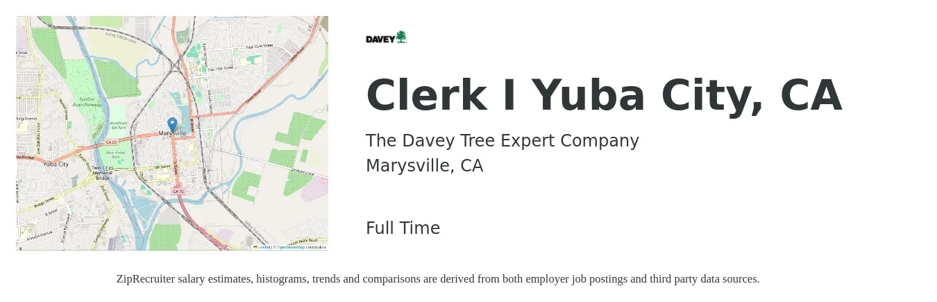 The Davey Tree Expert Company job posting for a Clerk I Yuba City, CA in Marysville, CA with a map of Marysville location.
