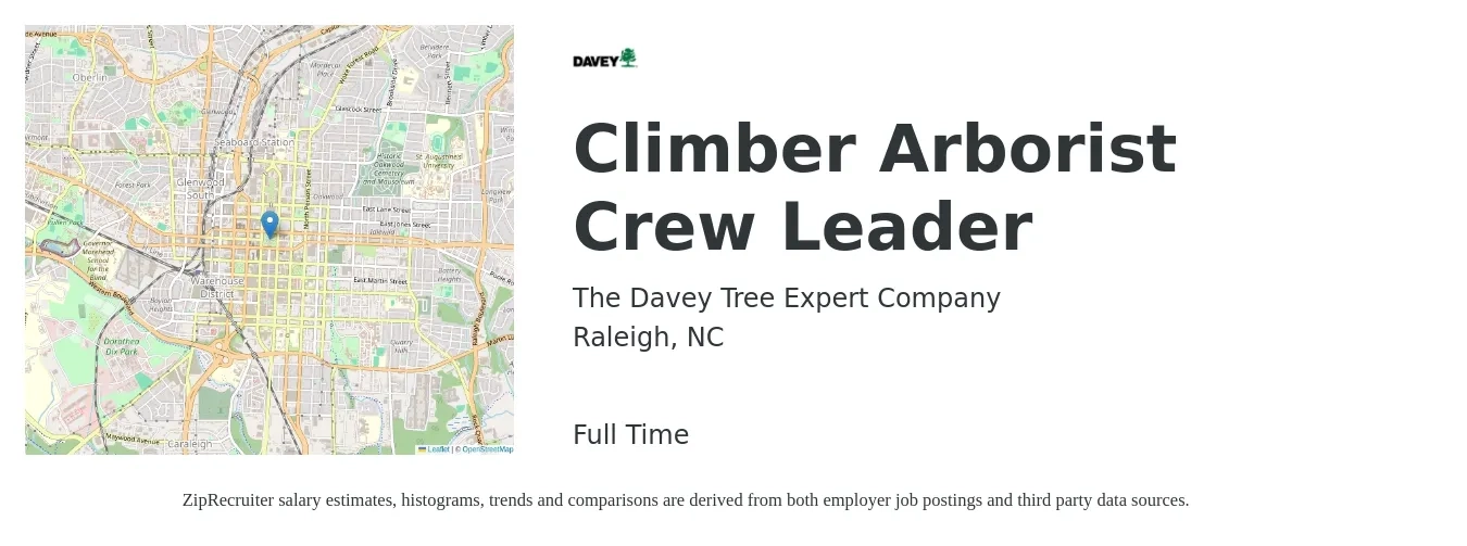 The Davey Tree Expert Company job posting for a Climber Arborist Crew Leader in Raleigh, NC with a salary of $19 to $26 Hourly with a map of Raleigh location.