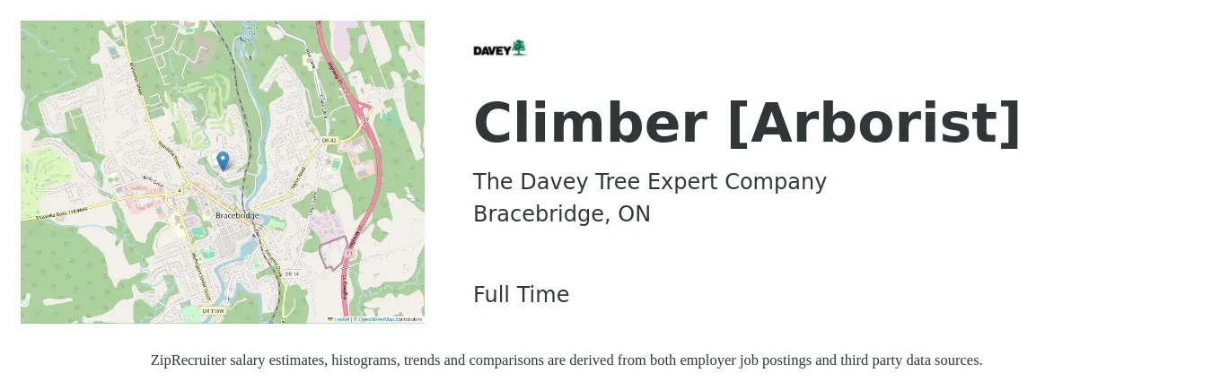 The Davey Tree Expert Company job posting for a Climber [Arborist] in Bracebridge, ON with a map of Bracebridge location.