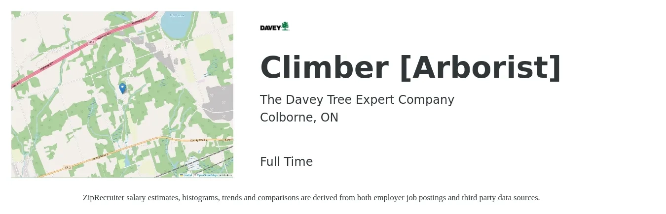 The Davey Tree Expert Company job posting for a Climber [Arborist] in Colborne, ON with a map of Colborne location.