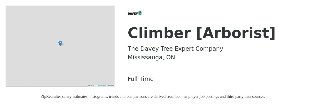 The Davey Tree Expert Company job posting for a Climber [Arborist] in Mississauga, ON with a map of Mississauga location.