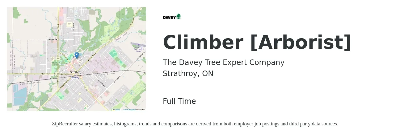 The Davey Tree Expert Company job posting for a Climber [Arborist] in Strathroy, ON with a map of Strathroy location.
