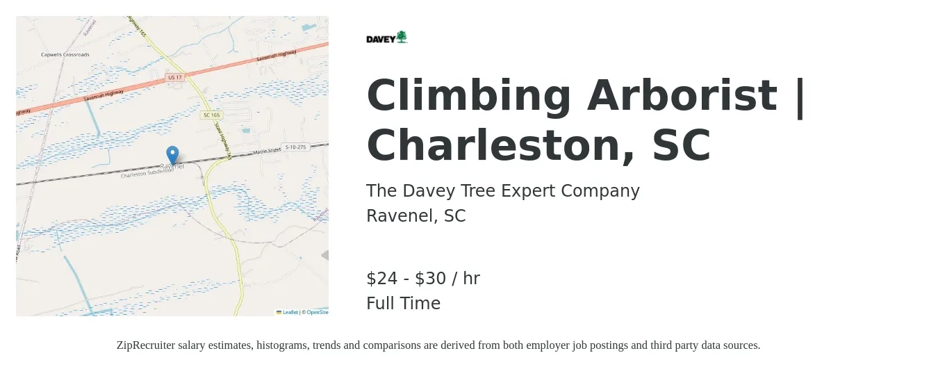 The Davey Tree Expert Company job posting for a Climbing Arborist | Charleston, SC in Ravenel, SC with a salary of $25 to $32 Hourly with a map of Ravenel location.