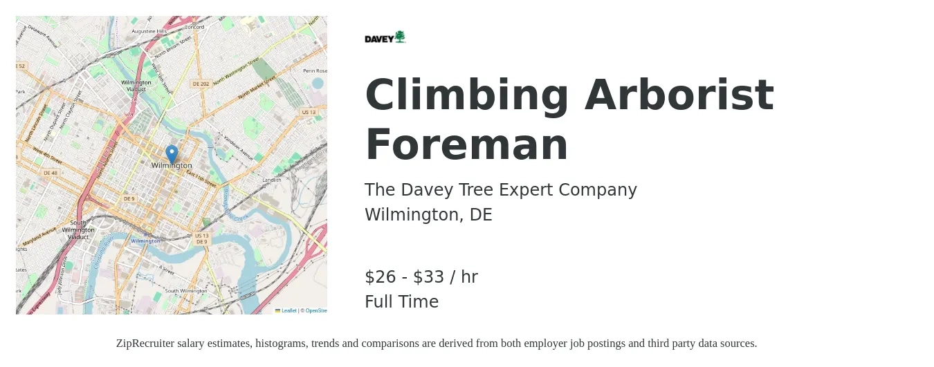 The Davey Tree Expert Company job posting for a Climbing Arborist Foreman in Wilmington, DE with a salary of $28 to $35 Hourly with a map of Wilmington location.
