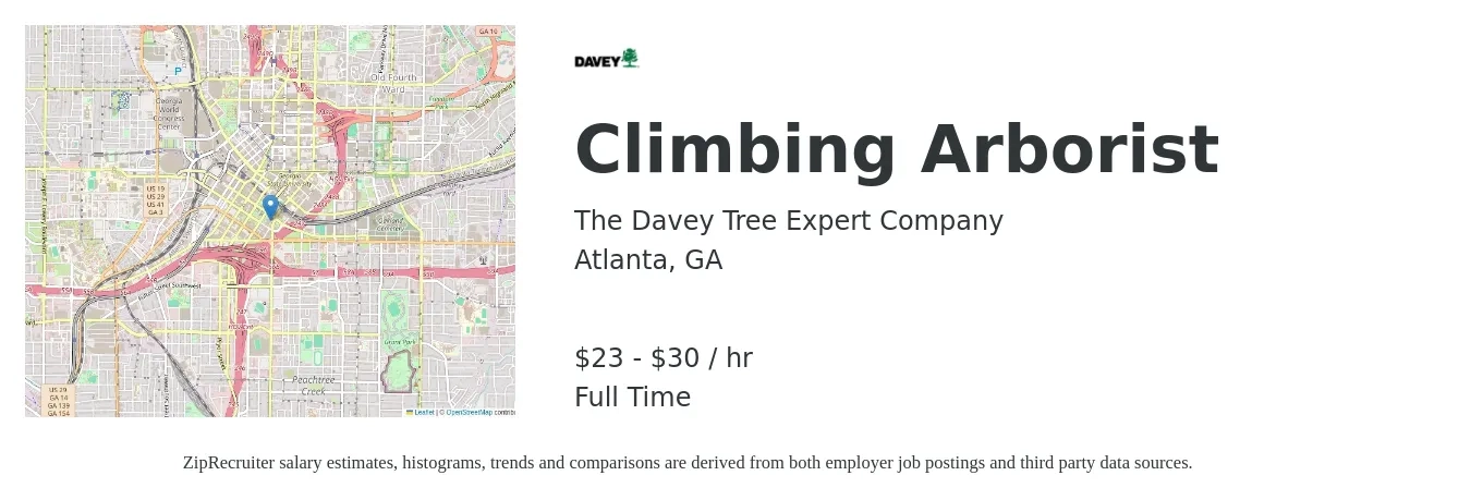 The Davey Tree Expert Company job posting for a Climbing Arborist in Atlanta, GA with a salary of $24 to $32 Hourly with a map of Atlanta location.
