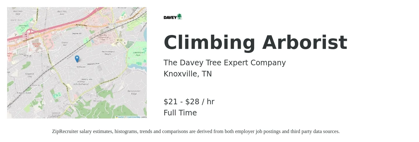 The Davey Tree Expert Company job posting for a Climbing Arborist in Knoxville, TN with a salary of $23 to $32 Hourly with a map of Knoxville location.